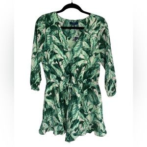 KAARI BLUE Women’s Leafy Jungle Desert Oasis Green V-Neck Romper. Size PM